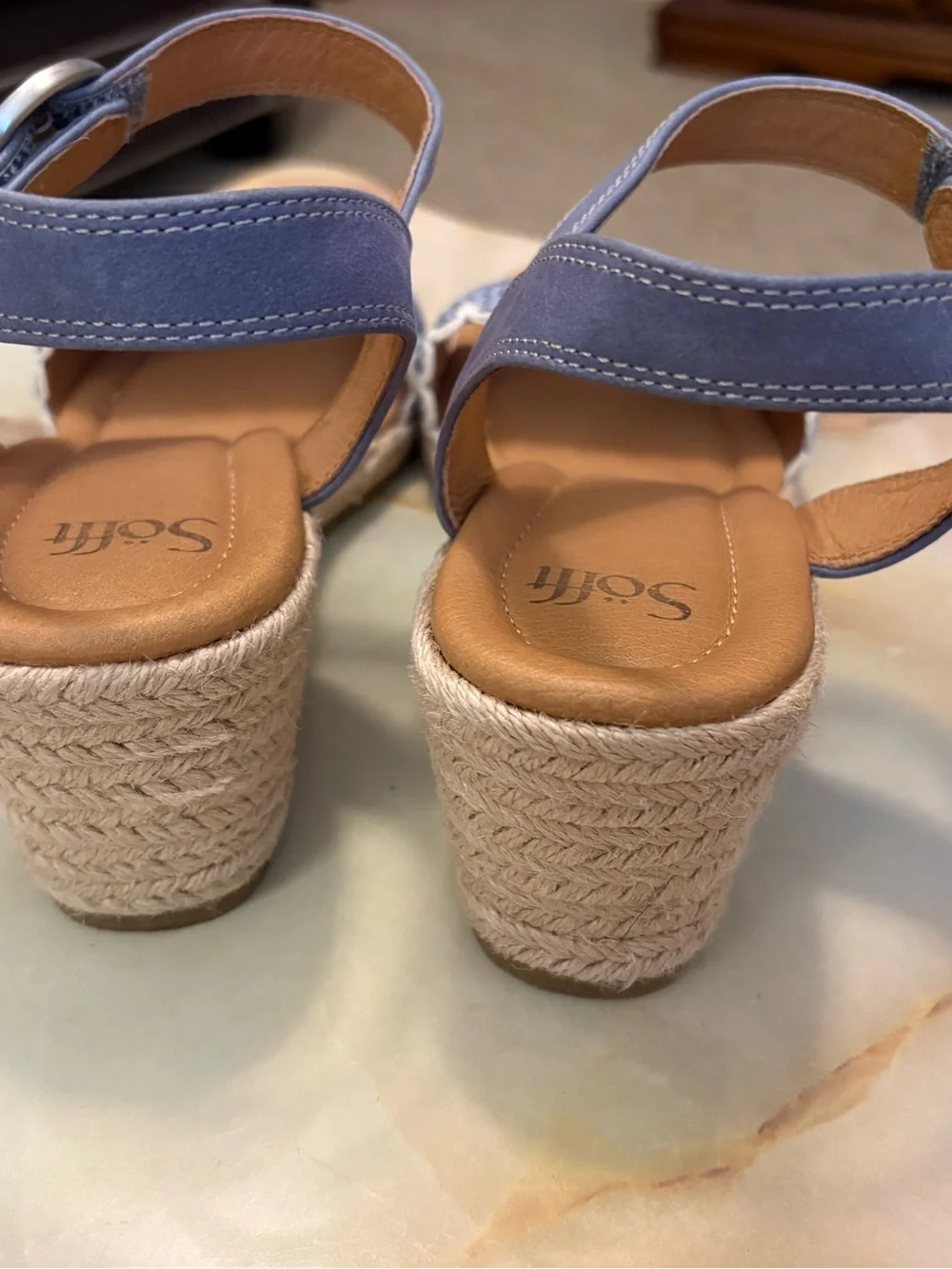 Sofft Inez Blue/White Leather Espadrille Wedge Strap Sandals Womens Sz 11